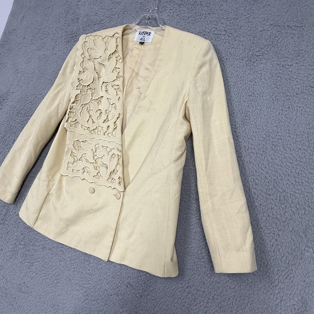 Vintage Kasper For A.S.L. Blazer Jacket Womens 8 Beige Cutwork Floral 80s - Picture 5 of 16